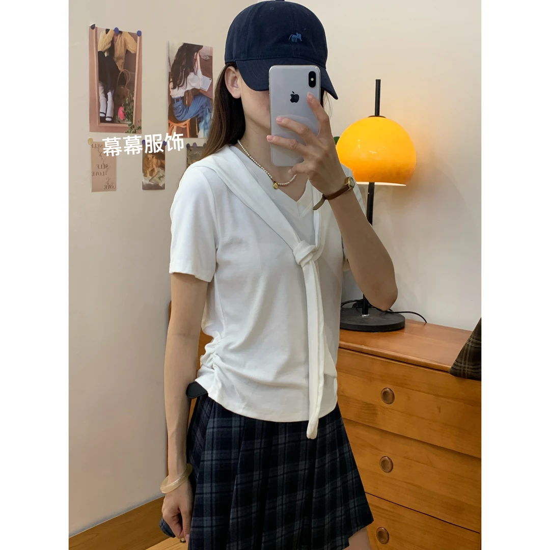 544两件披肩短袖t恤女2025夏季新款收腰显瘦正肩设计感绝美小上衣