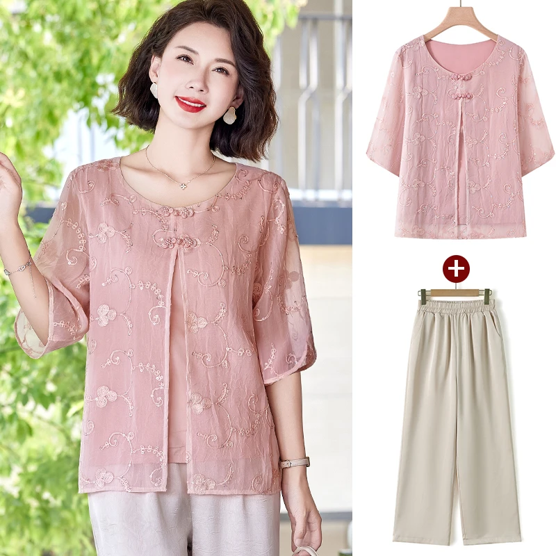 妈妈装夏装套装短袖T恤洋气小衫中老年女母亲衣服夏季上衣两件套