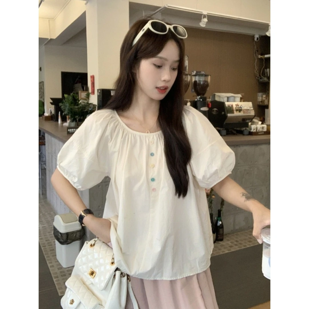 大码法式短袖衬衫女装夏季胖MM遮肚子显瘦衬衣休闲泡泡袖衬衫短袖