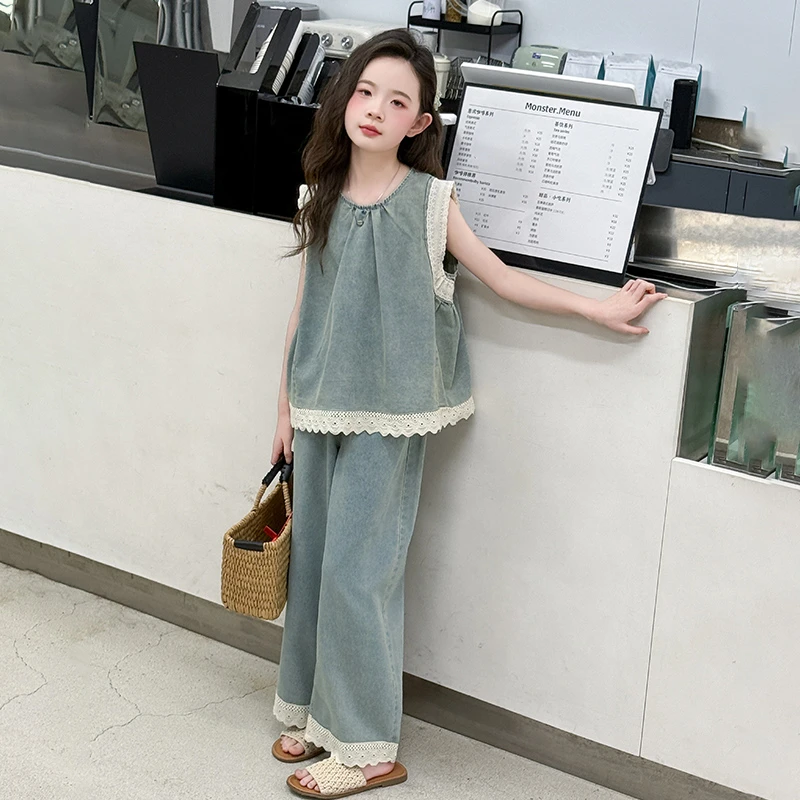女童夏季牛仔背心套装阔腿裤无袖两件套2025新款女孩童装薄款洋气