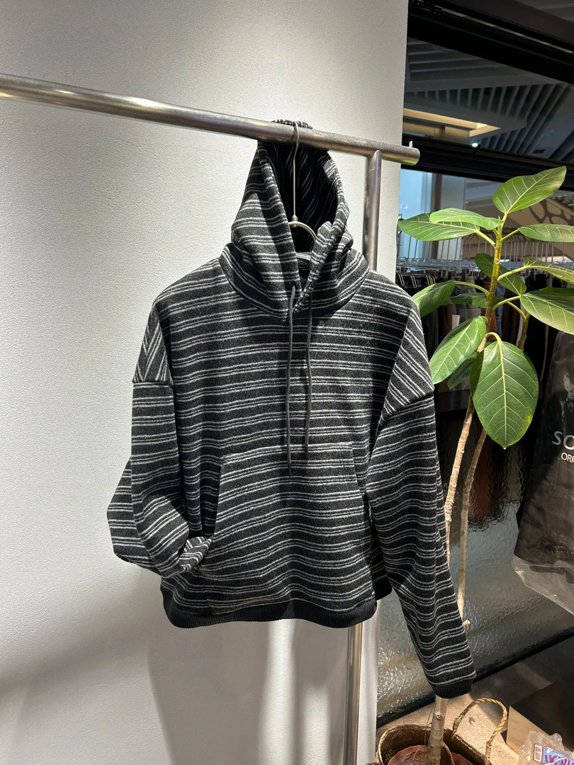 秋冬  螺纹收口条纹连帽卫衣套头加绒加厚套头卫衣  男女同款