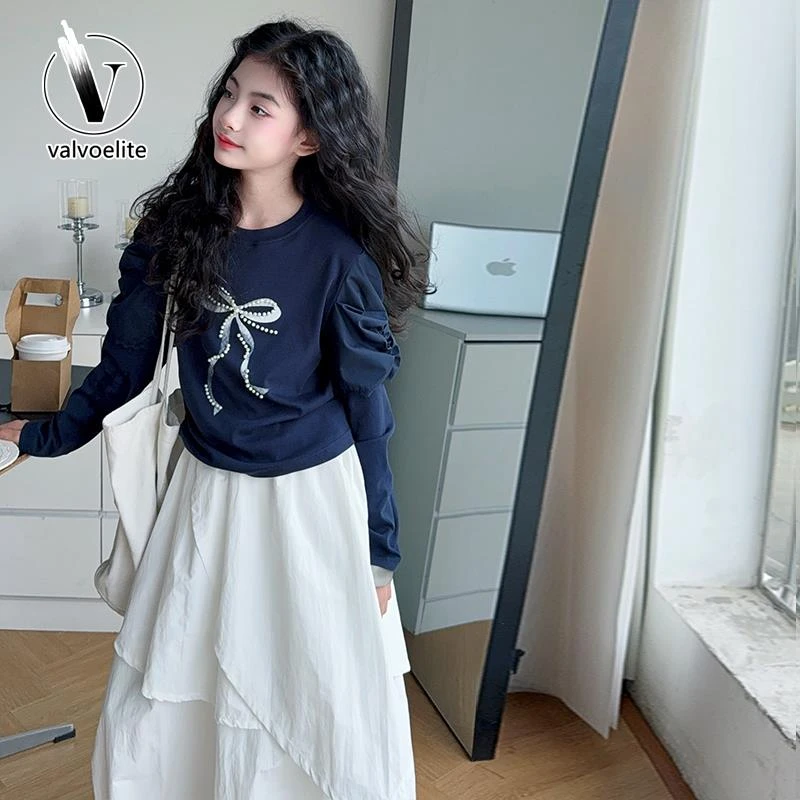 VALVOELITE女童春秋款圆领时尚套装大童宽松白色半身裙休闲两件式