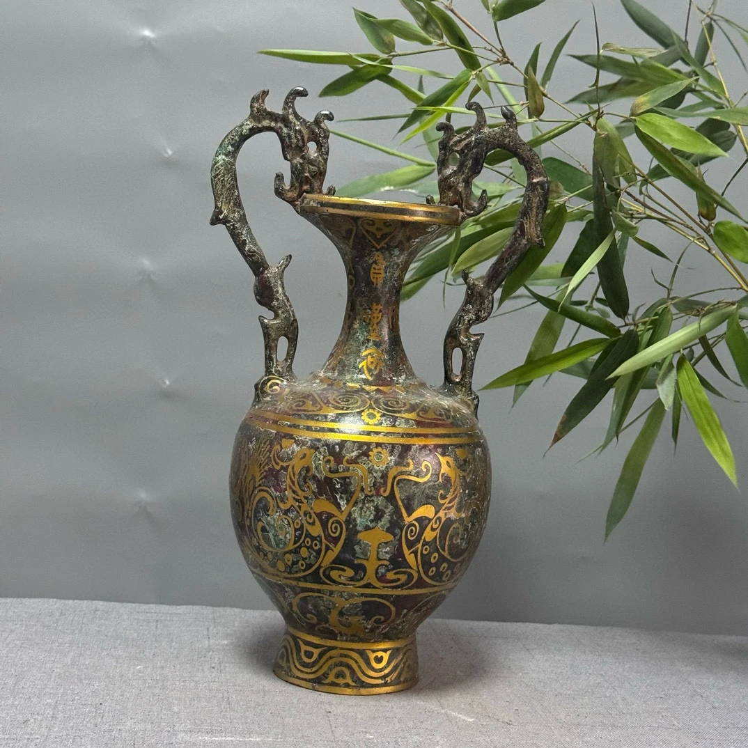 错金青铜双龙壶，高度31厘米仿古青铜器摆件，纯铜制品