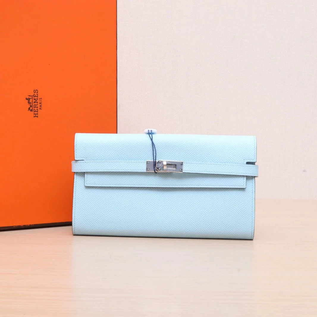 95新 Hermes/爱马仕 小花双双 Kelly 长款钱包 微风蓝 Ep皮 A刻