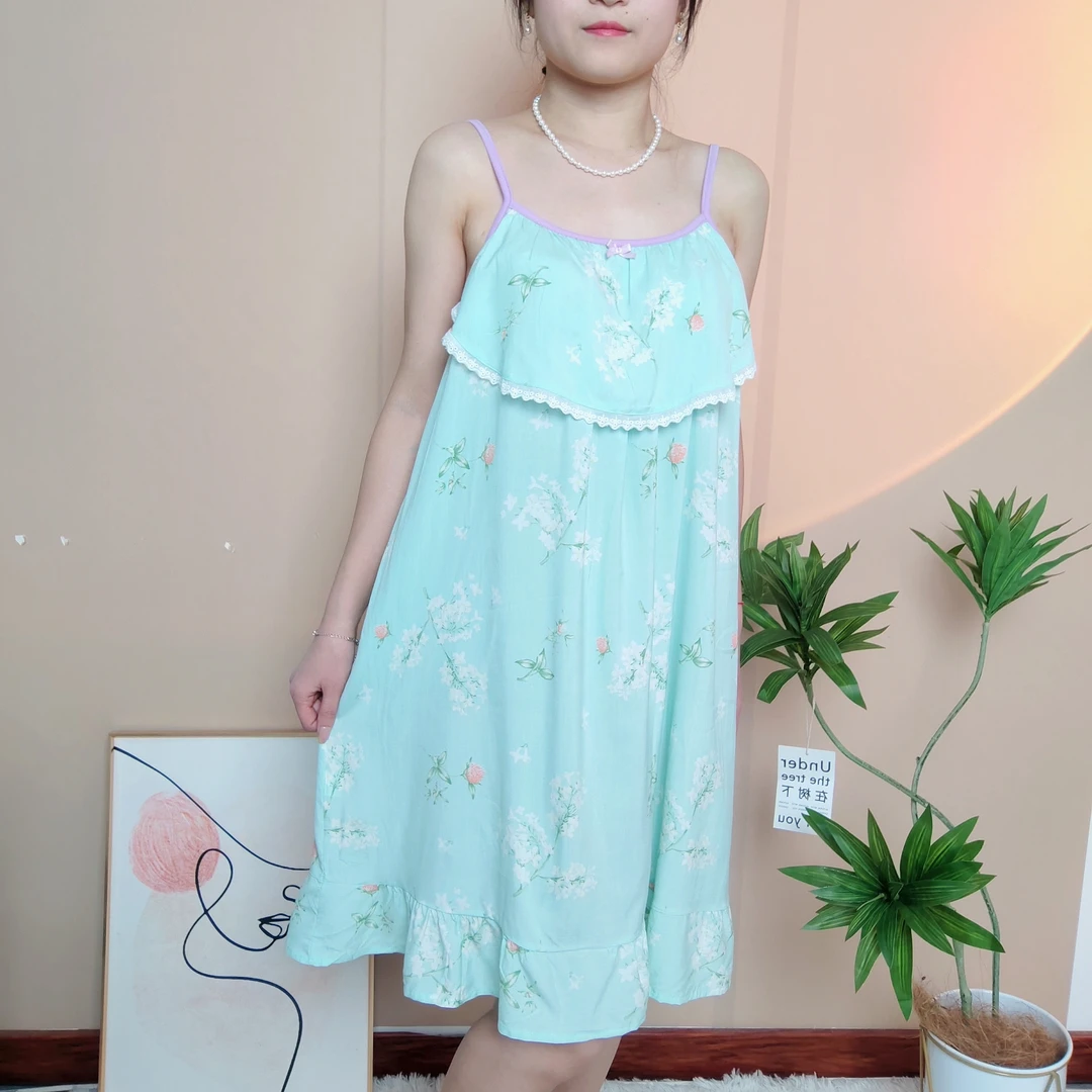 夏季新款睡裙女垂坠感吊带碎花裙棉绸中长裙子宽松可外穿薄171167