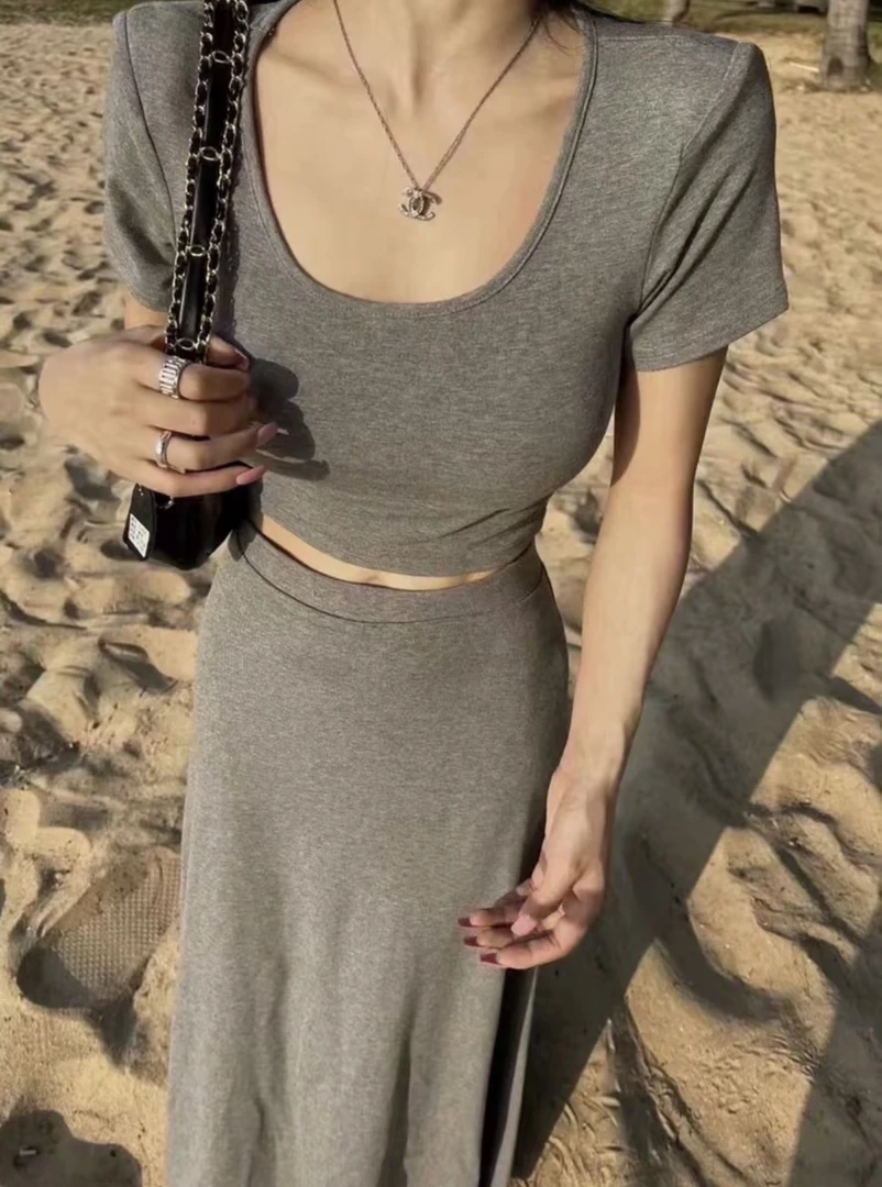 夏季新款纯欲风辣妹圆领短袖T恤上衣鱼尾半身裙长裙休闲两件套女