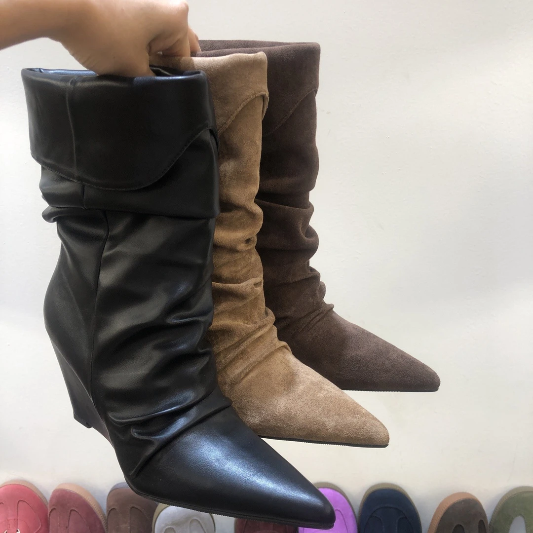 粗跟绑带短筒堆堆靴秋季春秋尖头短靴女后拉链秋9913冬