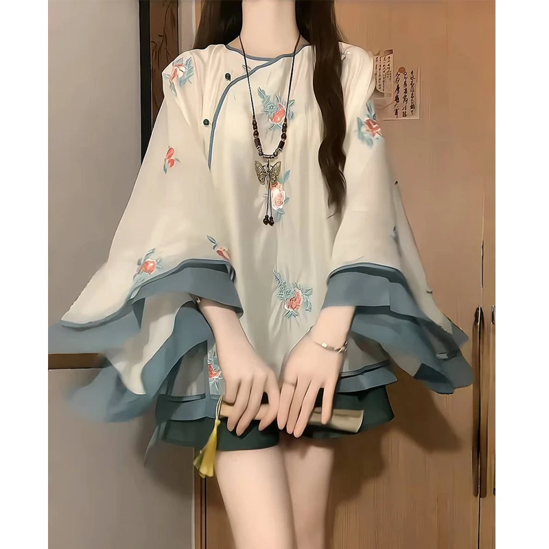 二目白花隐蓝新中式国风斜襟圆领上衣古典仙气俏皮大摆短裙套装潮