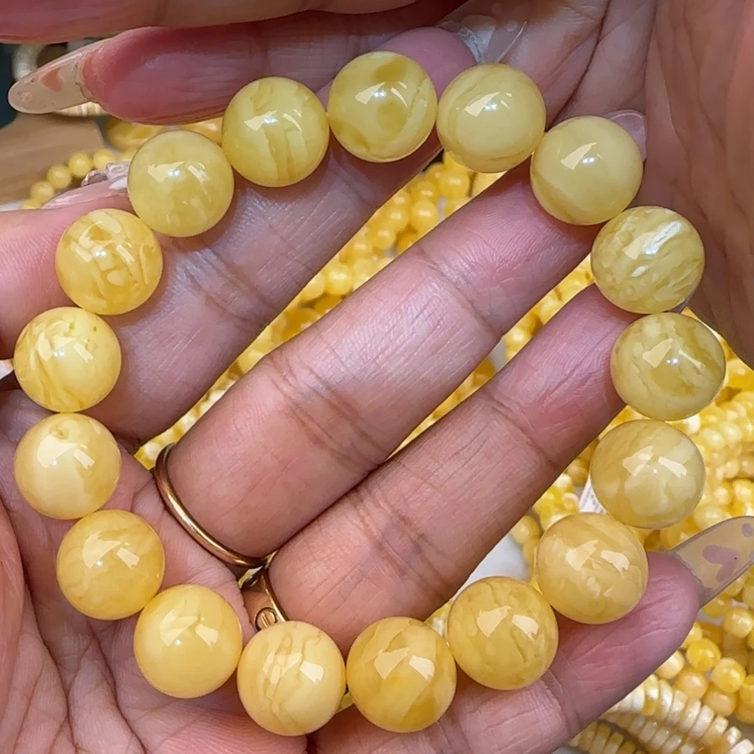 未镶嵌蜜蜡手链奶咖妖花圆珠手串