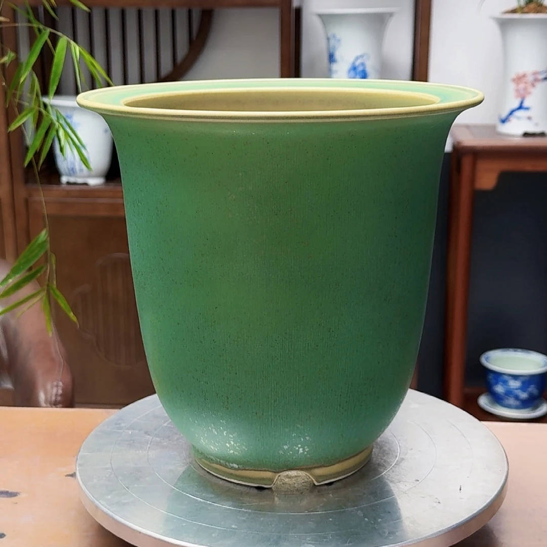 远***山绿釉哑光窑变陶瓷盆微瑕