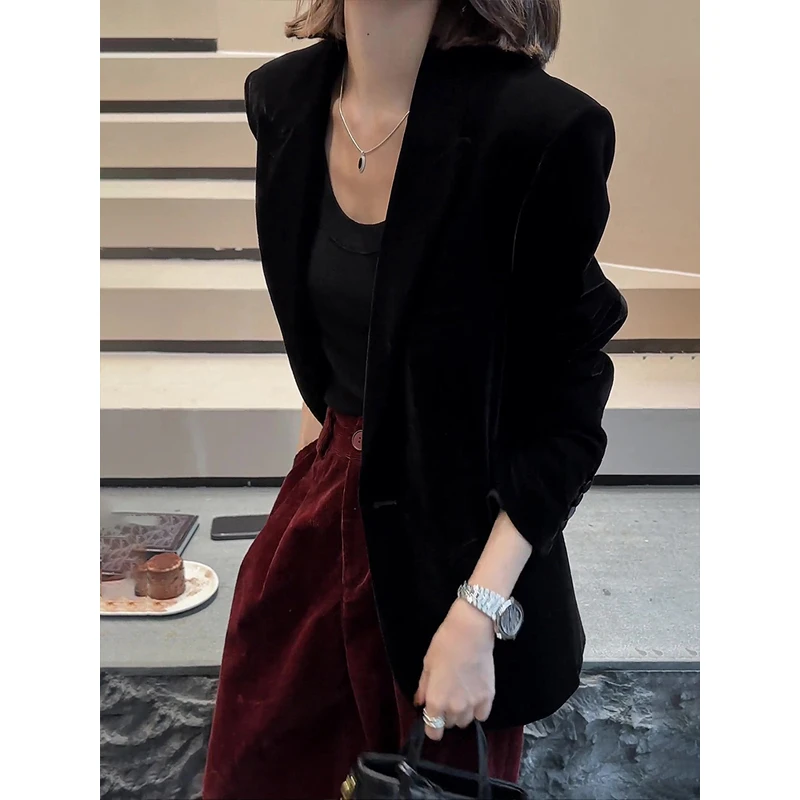 韩版气质黑色丝绒西装外套女春季2025新款时尚休闲复古小个子西服