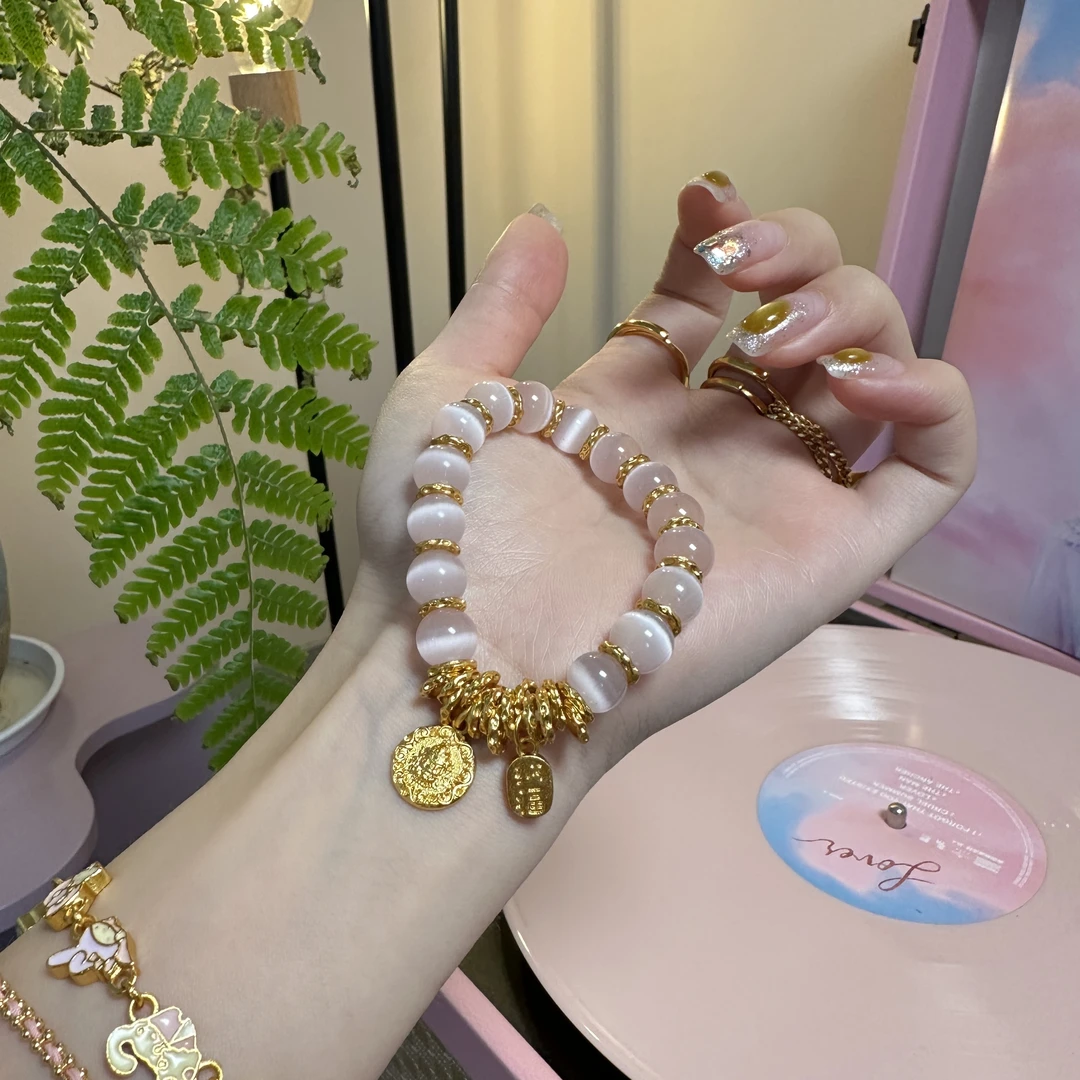 镀K金LIGHTNINGPARK 新中式猫眼粉珠珠盘缠手链