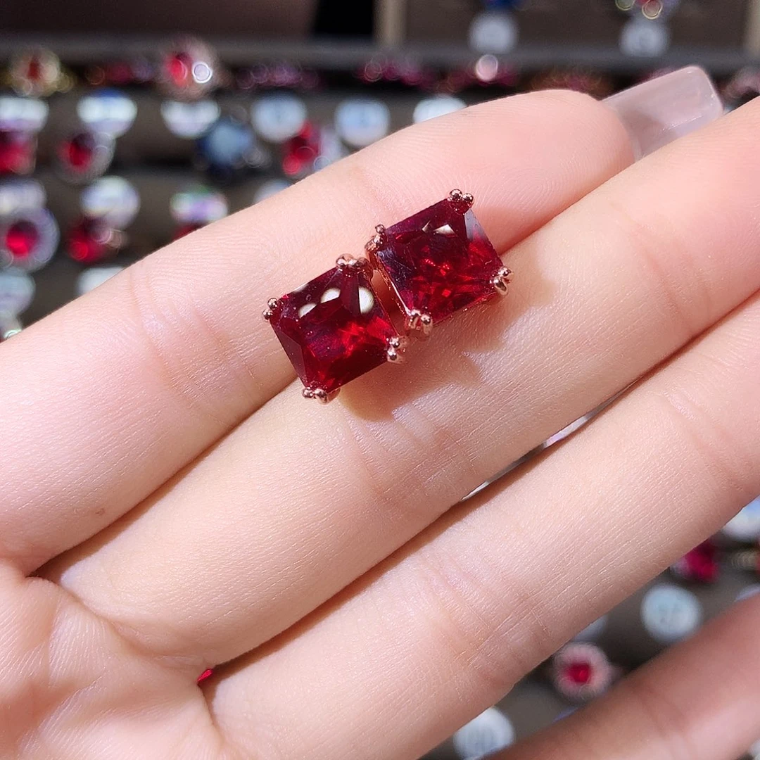 银S925镶嵌耳饰红宝石玫瑰金8