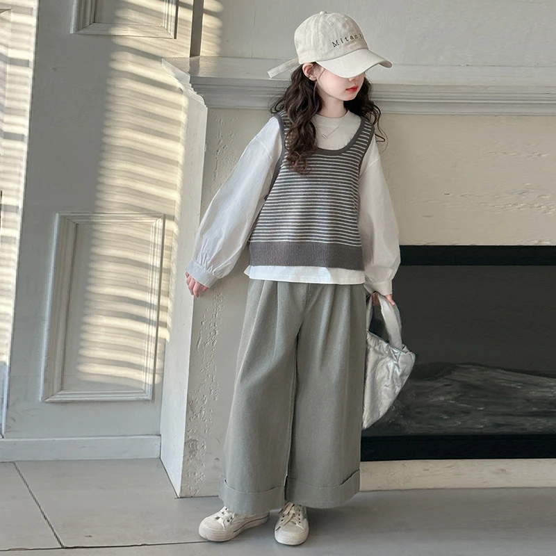 女童秋装韩系穿搭套装超好看2025新款儿童洋气马甲衬衫三件套春秋