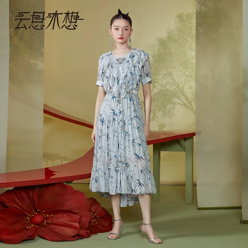 Ysimo-X云思木想原创中国风2024夏季印花绣花荷叶边连衣裙11841