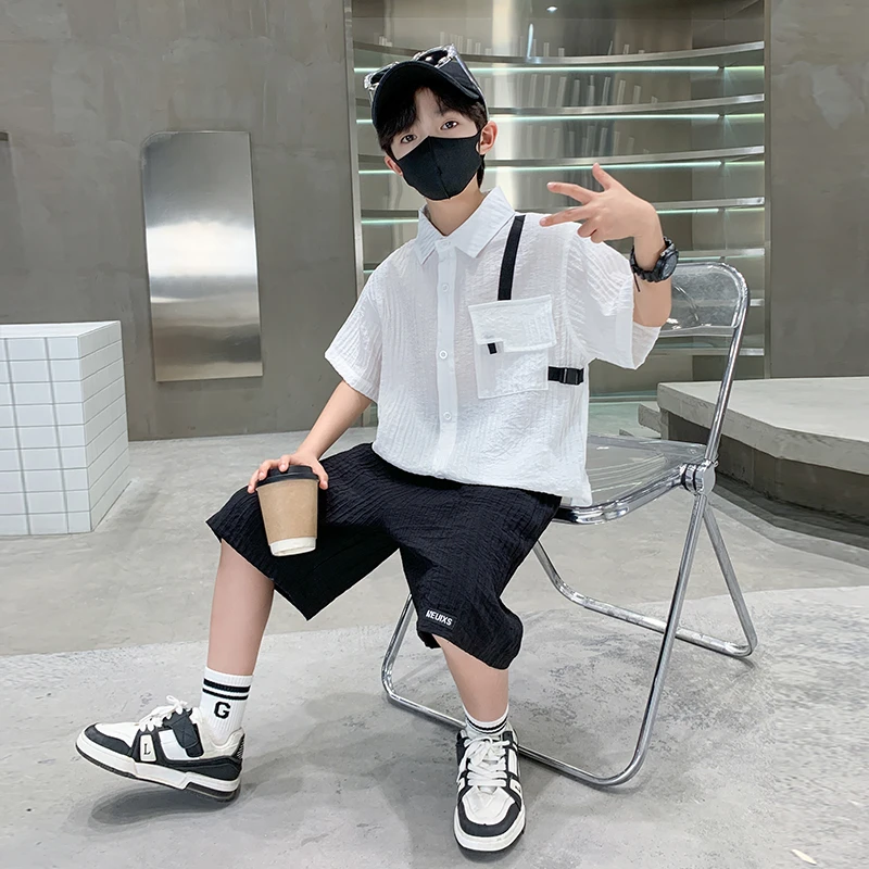 男童夏装套装2025新款儿童装男孩夏季大童衬衫夏款薄款短袖两件套