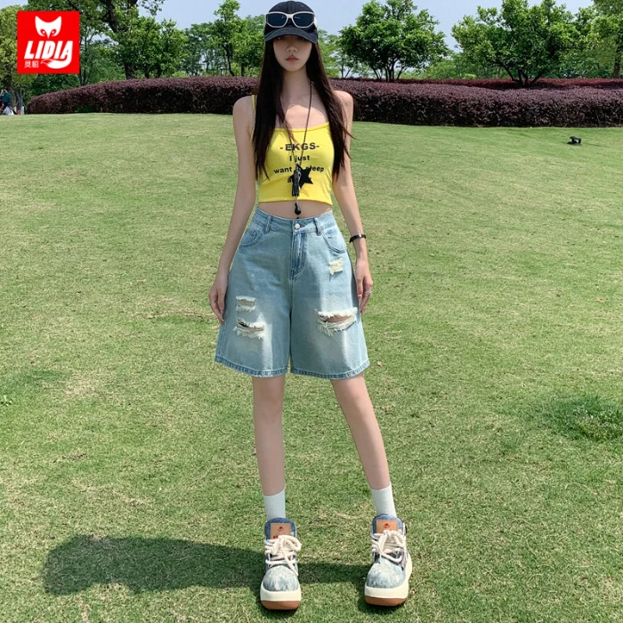 浅蓝色破洞五分牛仔短裤女2025夏季薄款高腰显瘦宽松阔腿直筒中裤