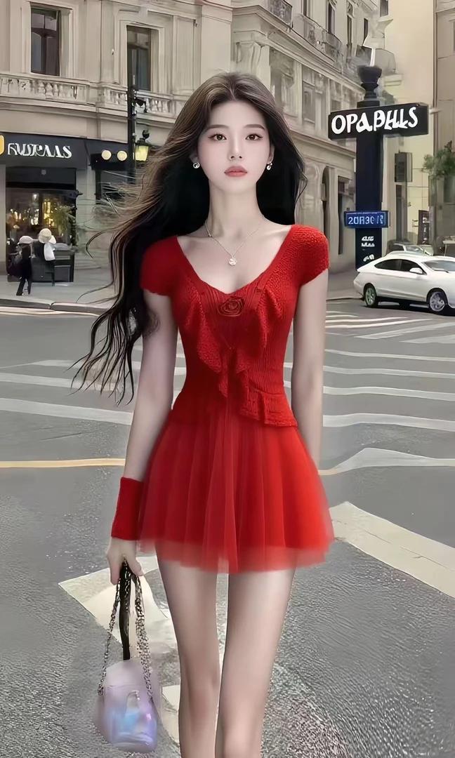 小个子温柔纯欲风气质红色U领修身高腰短袖连衣裙女显瘦时尚短裙