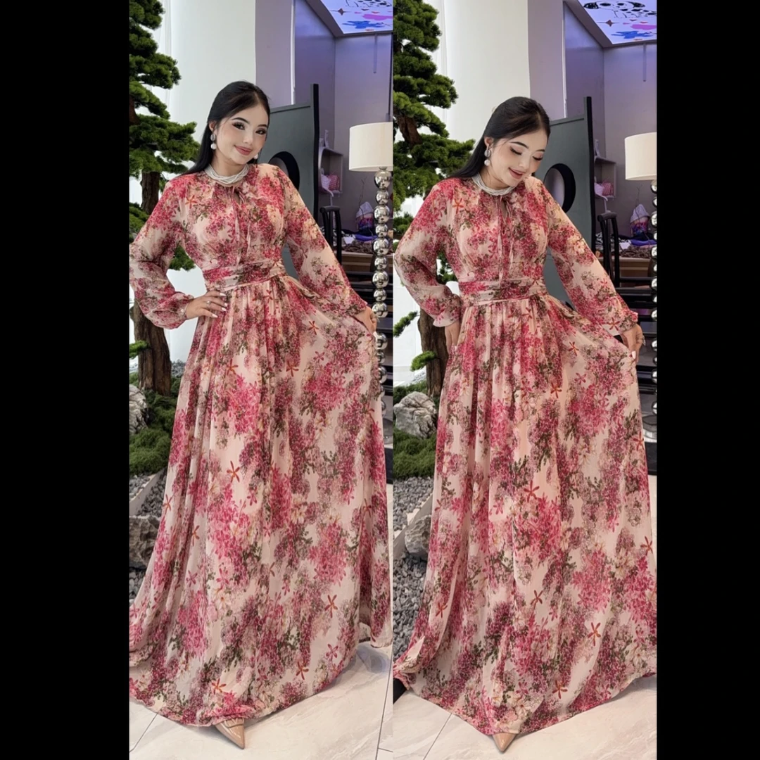 Rayhon法式高级感优雅印花长袖碎花显瘦大摆长裙