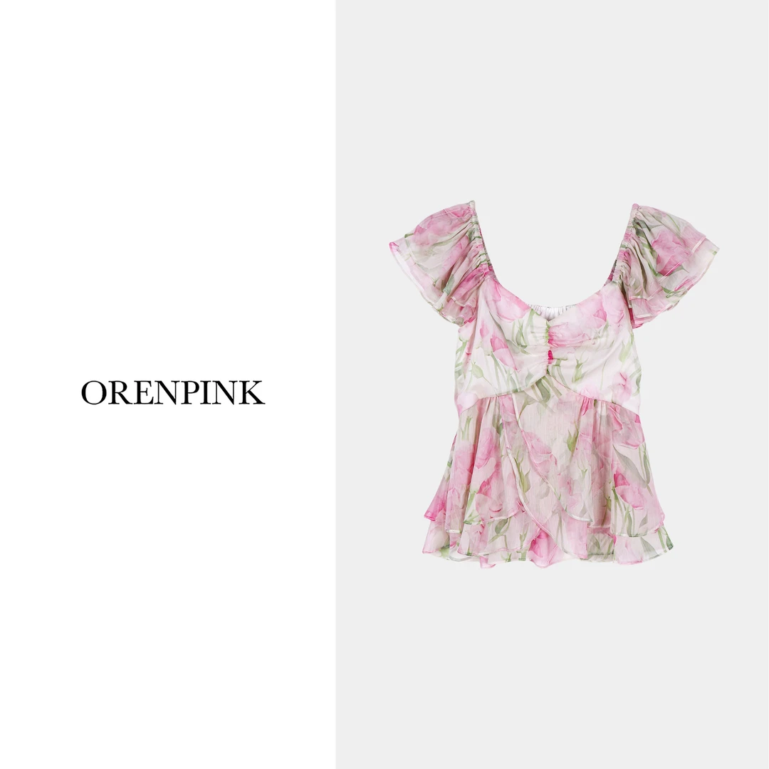 OREN PINK/奥粉25年新款春夏款“花漾”粉色花朵印染女装小上衣