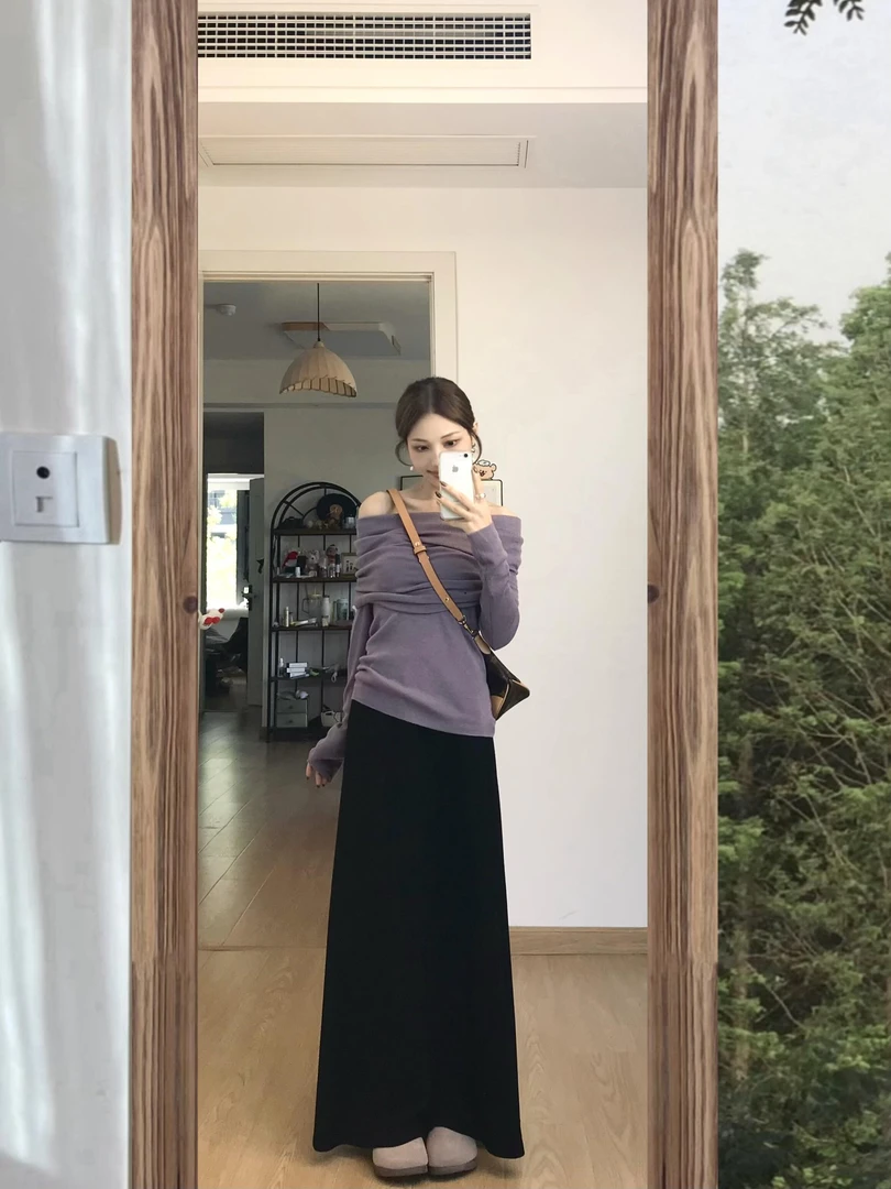 2025秋季新款韩系性感紫色气质露肩上衣高腰显瘦半身裙时尚套装女