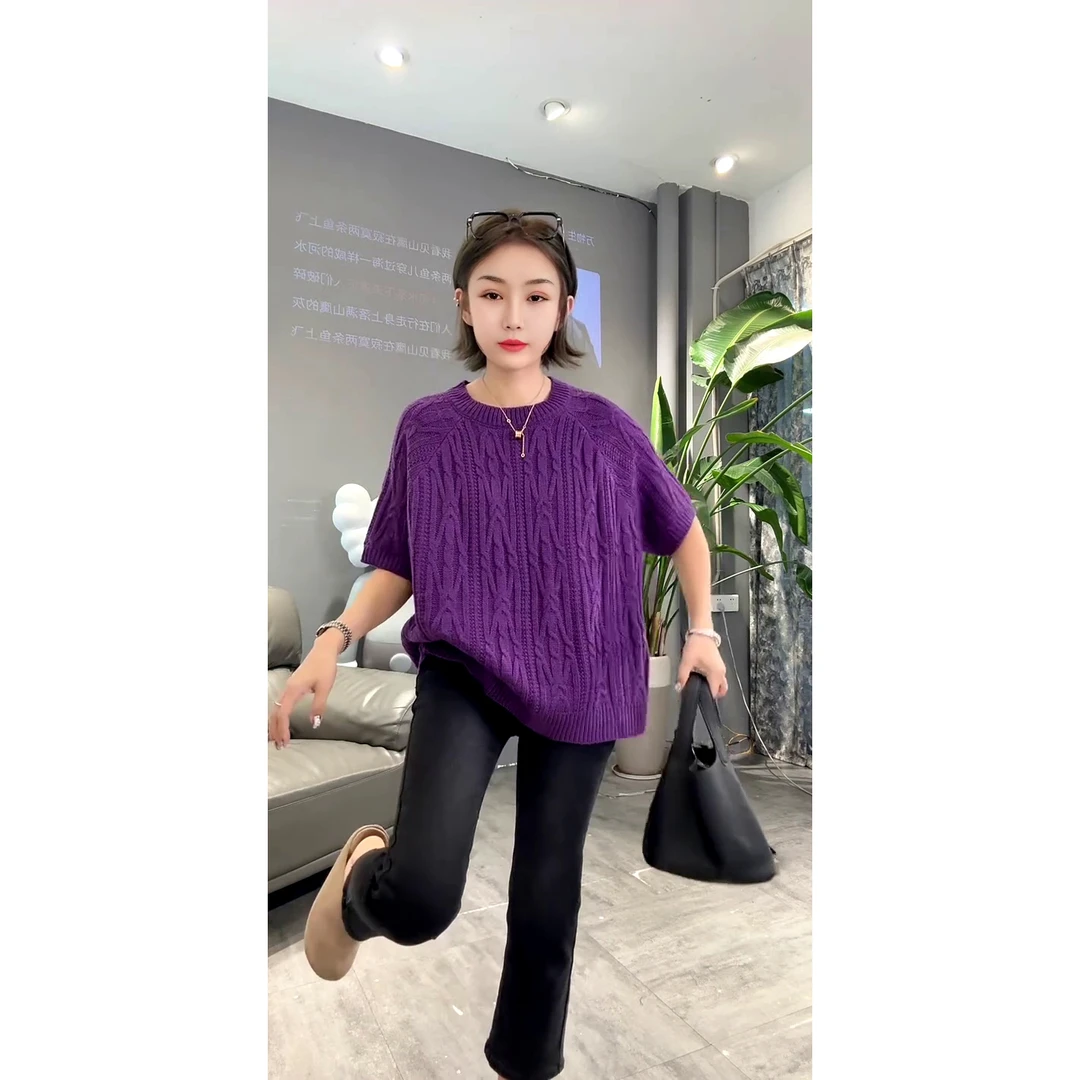 秋季新款休闲温柔风宽松麻花辫圆领短袖针织毛衣