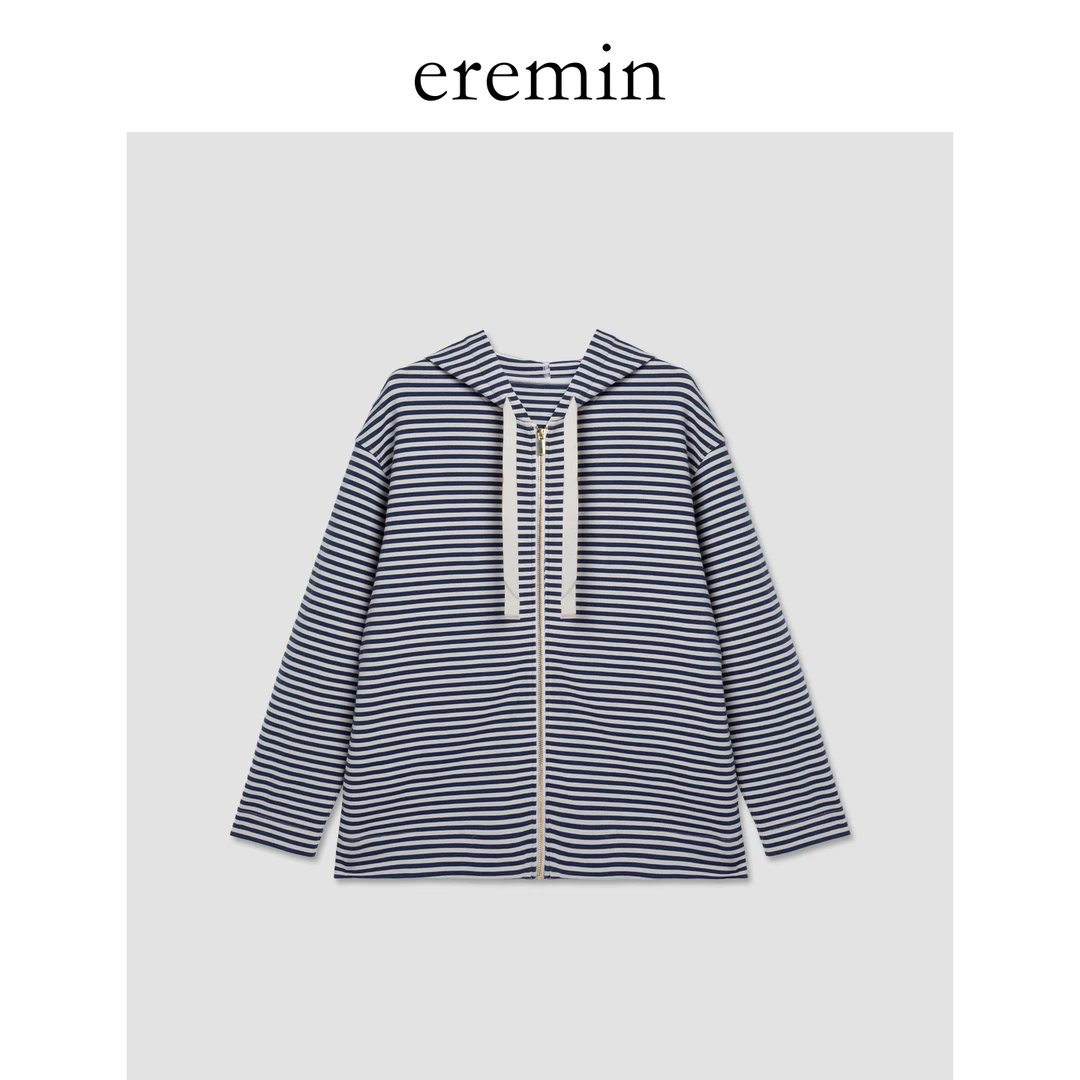 DE Mincollection条纹帽衫/定织海魂风抽绳条纹连帽卫衣55602