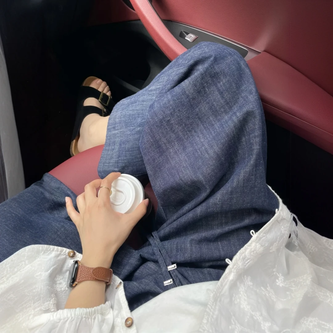 孕妇牛仔裤夏季薄款休闲遛弯裤阔腿奶奶裤新款外穿抽绳九分裤子女