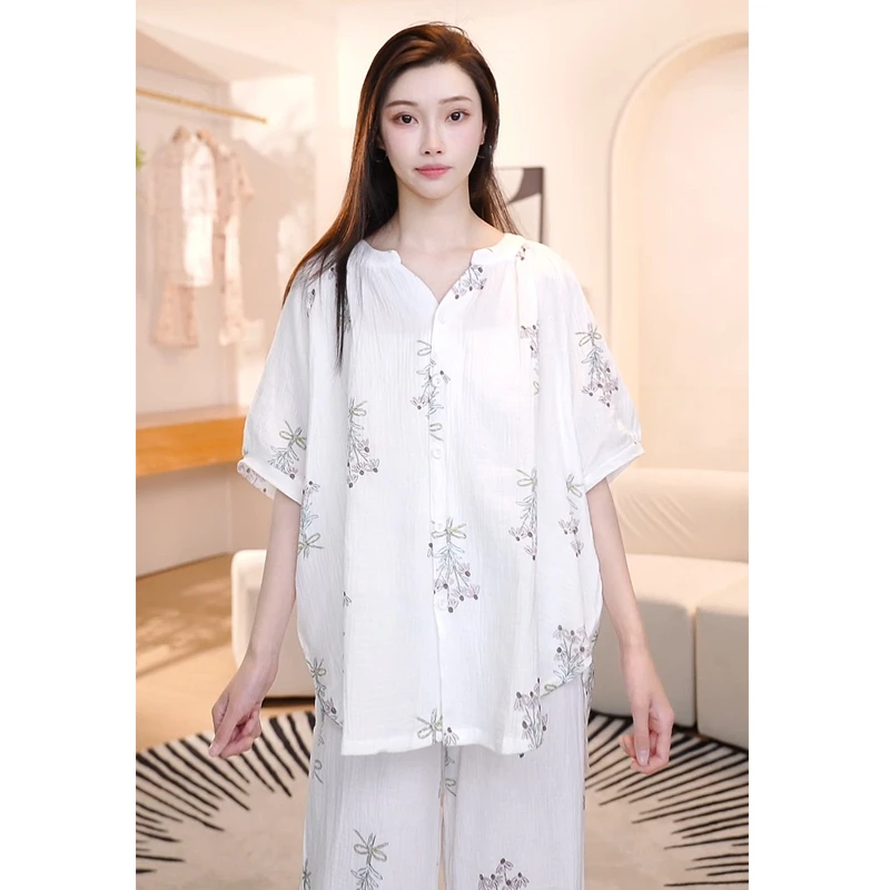 【cc专属】睡衣女夏季纯棉纱布宽松高级感家居服三件套装85YY-8574