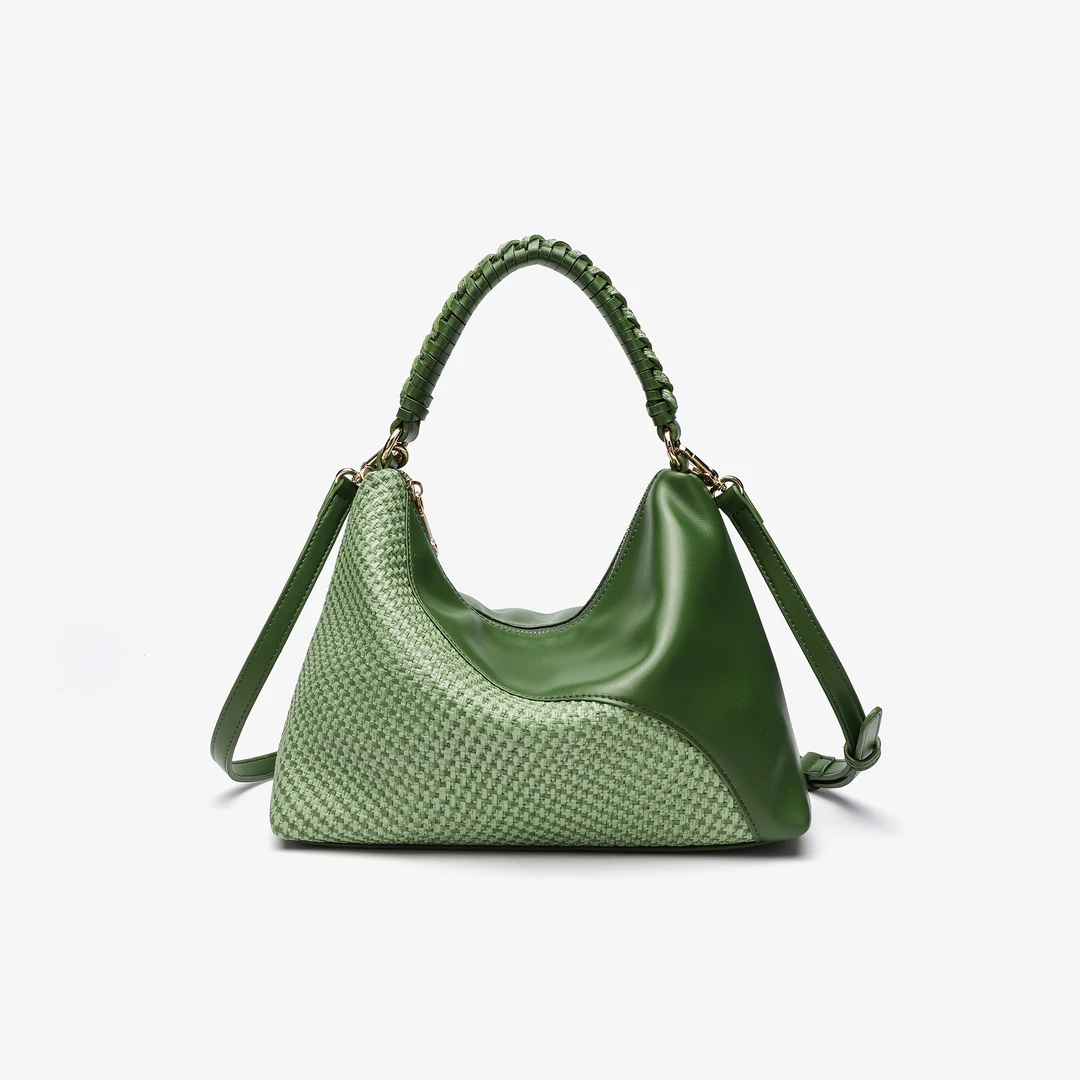 GELANNI轻奢时尚绿色百搭女士斜挎包复古拼接编织通勤单肩肩包