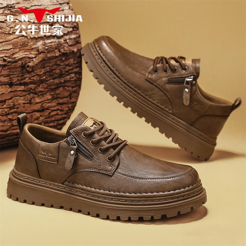 公牛世家2025秋季新款男士复古百搭休闲皮鞋英伦风时尚软皮低帮鞋