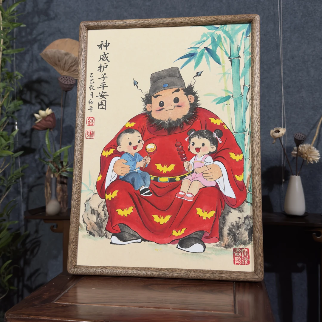 大海画院手绘朱砂墨钟馗护子平安图带框摆台适合茶室书房家居装饰