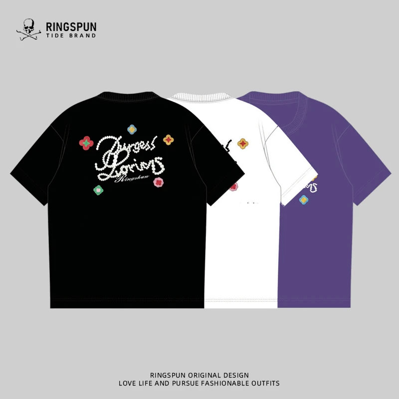 【简约花瓣】夏季新潮牌重磅纯棉刺绣圆领短袖T恤宽松男女同款半袖