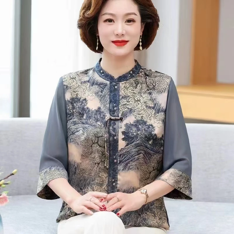 915宽松型常规款中老年女装复古衬衣女中袖国风水墨画