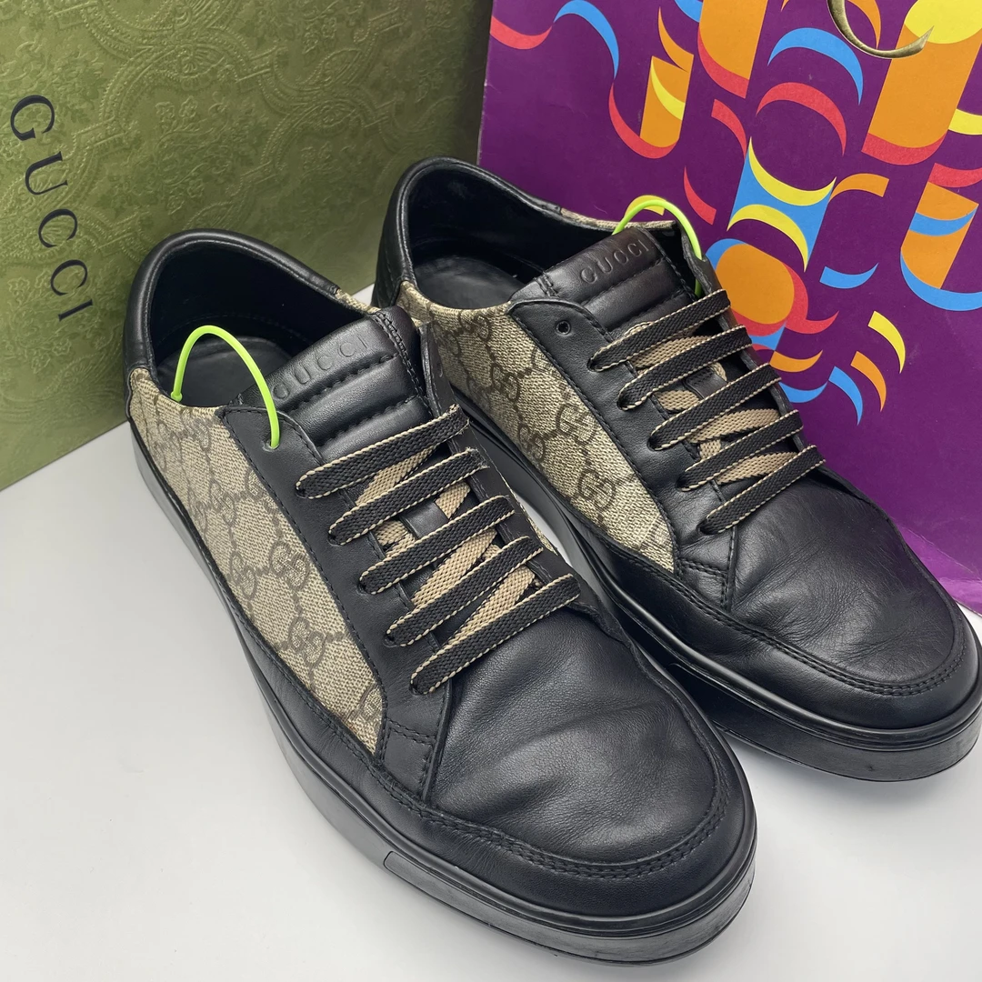 95新 GUCCI/古驰 40/41/42欧码/棕色双G互扣半印系带低帮时尚板鞋