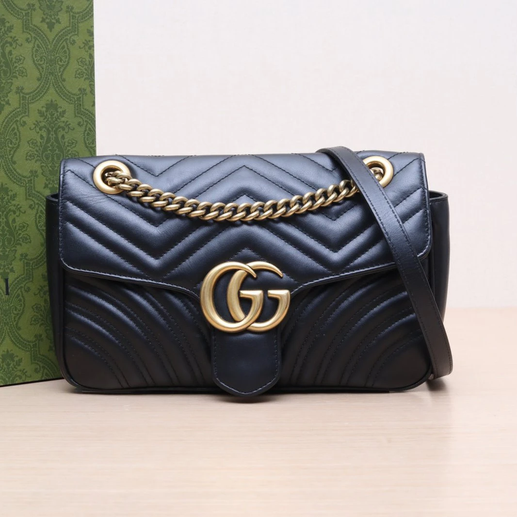 95新 GUCCI/古驰 小花黑黑GG Marmont 肩背包 小号 26 黑色 金扣