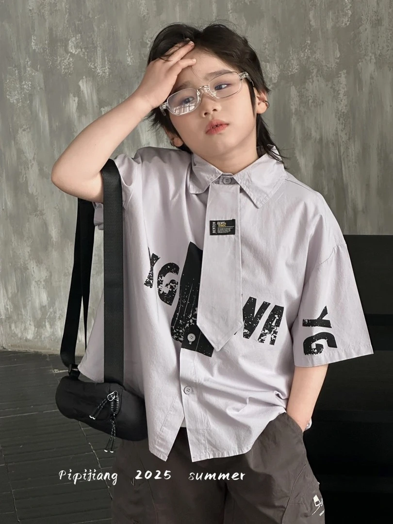 男童夏季文字日系套装男休闲薄款印花单排扣衬衫字母百搭中大童