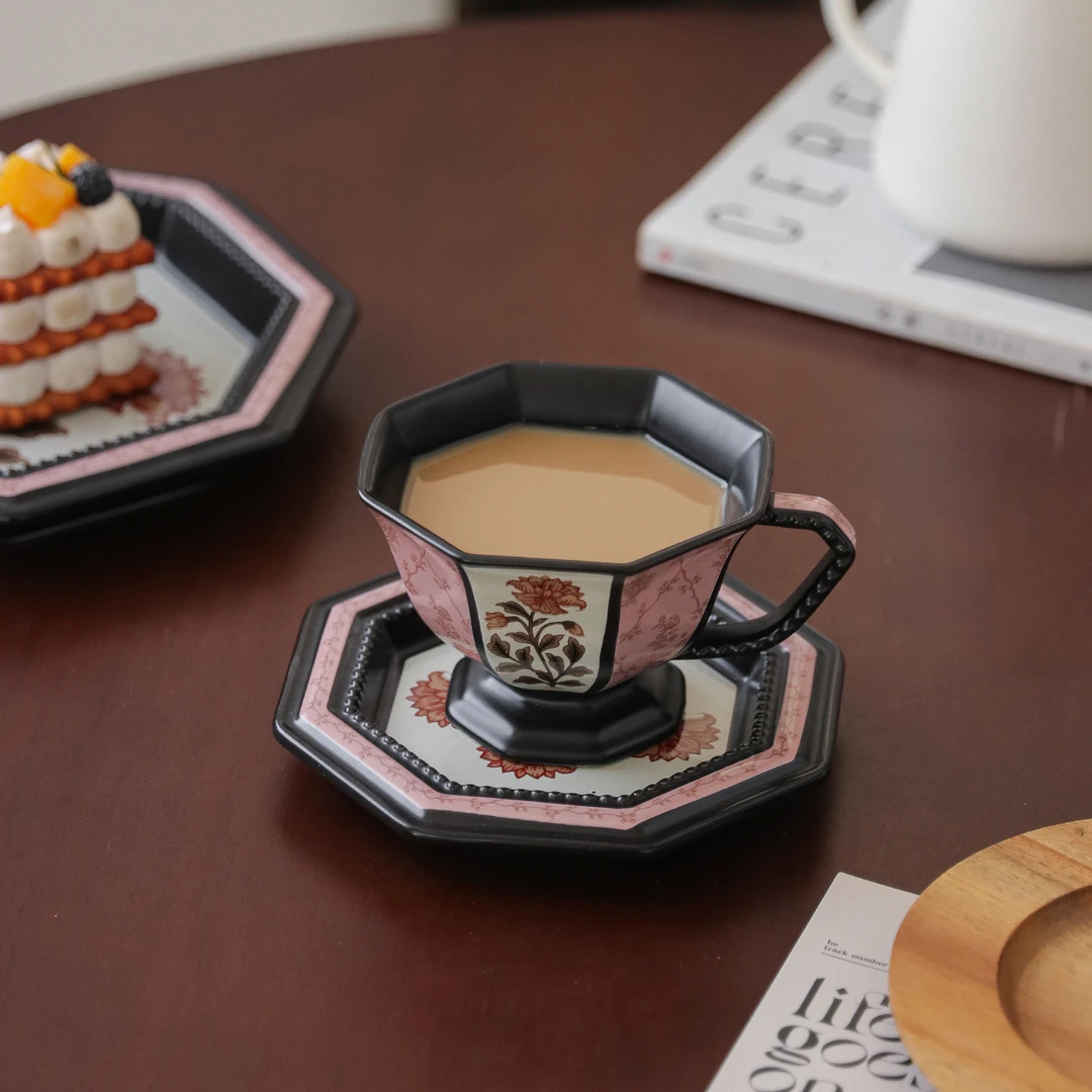 牡丹八角中式复古马克杯陶瓷杯碟套装高颜值咖啡杯水杯子东方美学