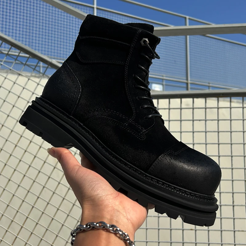 马丁靴增高厚底高帮靴子百搭系带冬季男士黑色加绒保暖复古短靴
