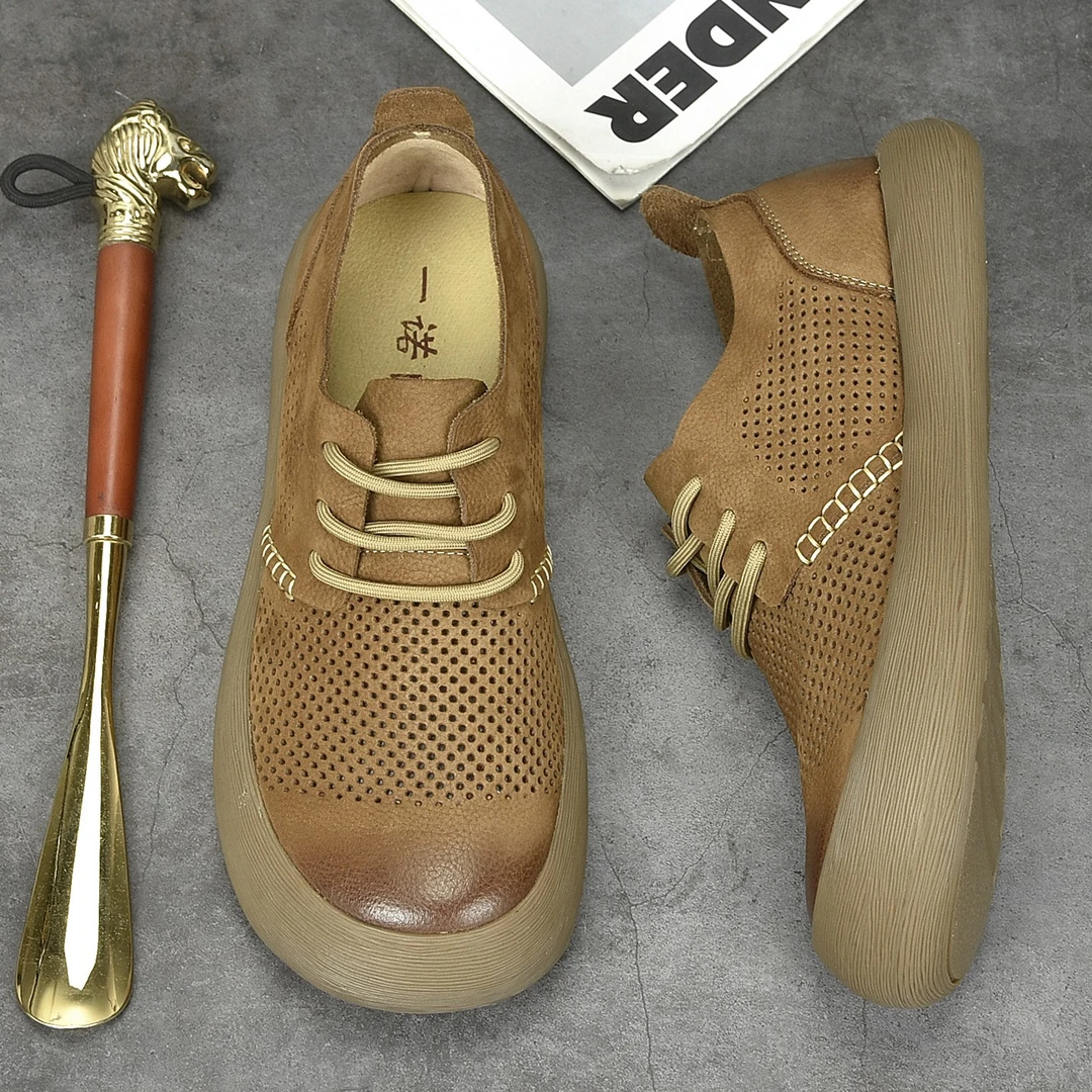 2025新款夏季宽头男鞋休闲透气皮鞋软皮复古镂空凉鞋男士系带打孔