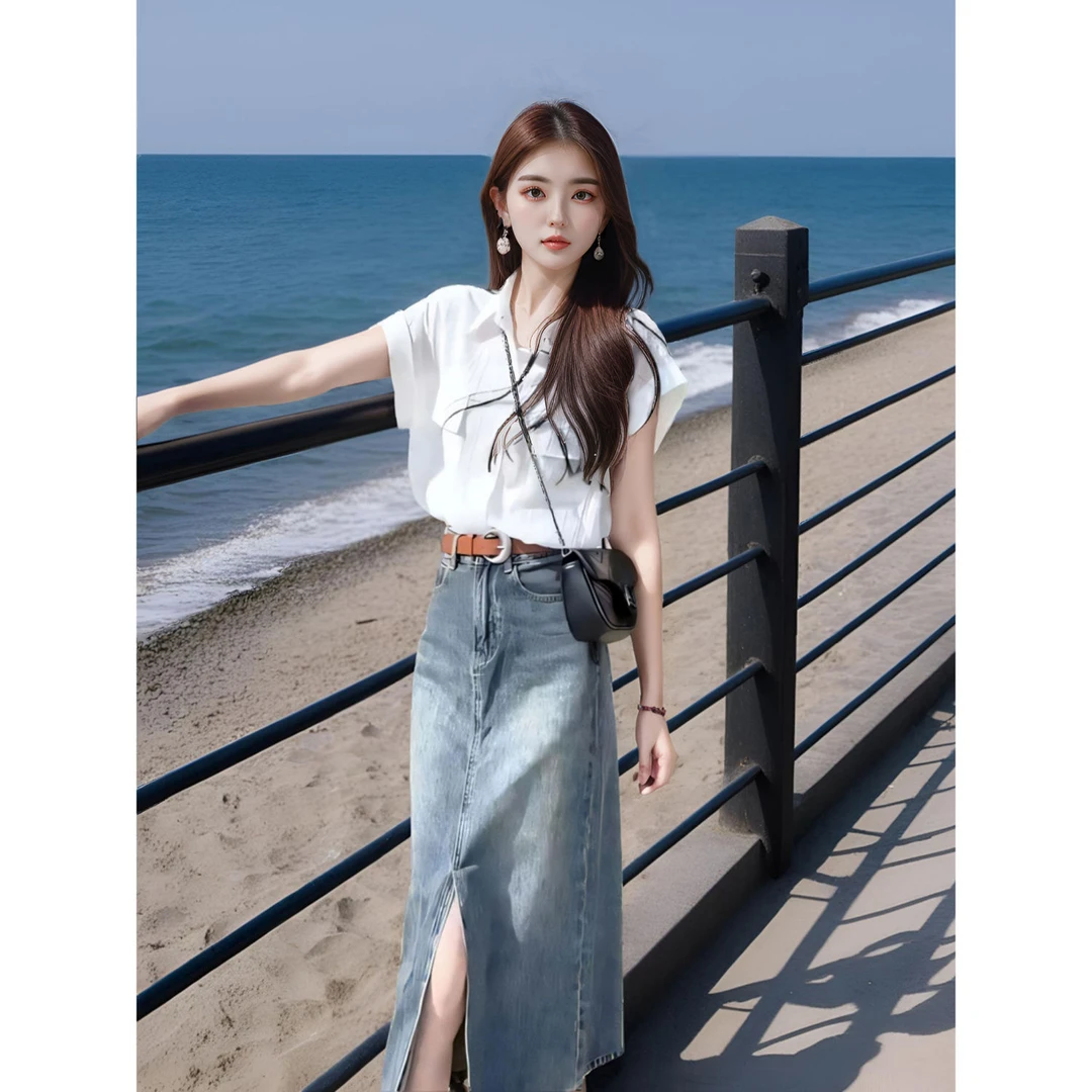今年流行时尚炸街短袖高级感减龄小香风衬衫开叉牛仔半身裙套装夏