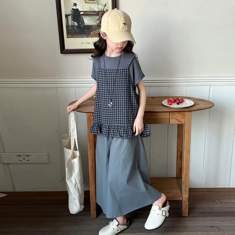 女童夏套装洋气2025新款时髦女孩夏季格子吊带夏装时尚穿搭三件套