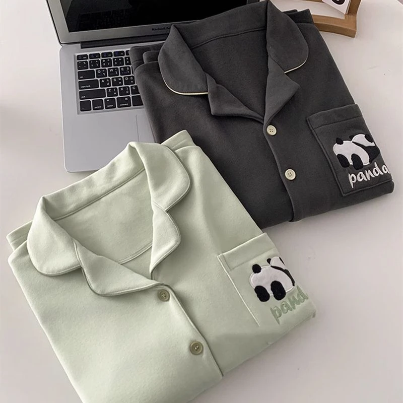 情侣款冬季德绒睡衣男女士可爱熊猫加绒保暖纯色磨毛家居服女冬天