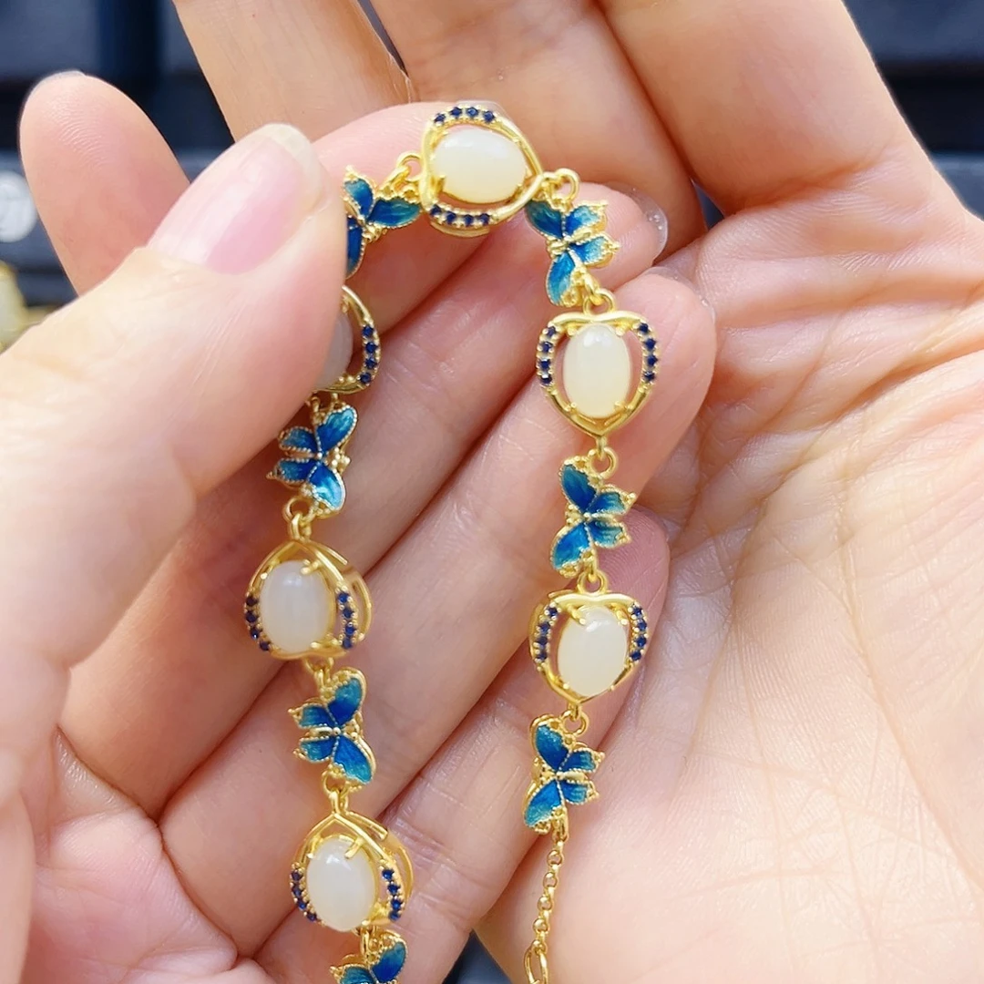 和田玉银S925镀金镶嵌手链