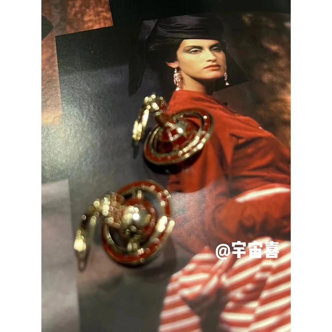 铜合金珐琅耳饰  C4-108【金色底红色珐琅坠地球仪星球耳扣】