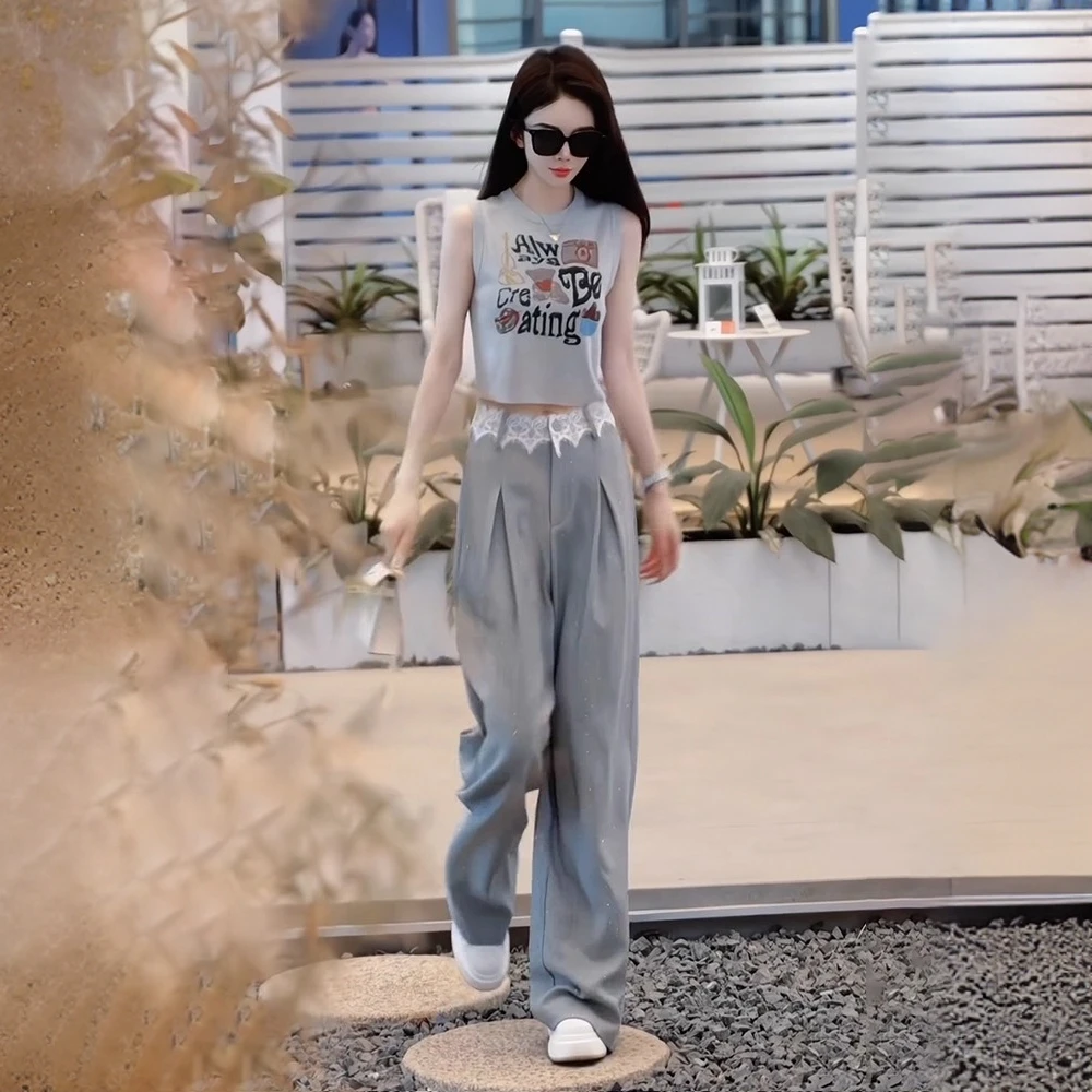 时尚无袖套装女夏季休闲洋气减龄印花背心上衣显瘦阔腿裤子两件套