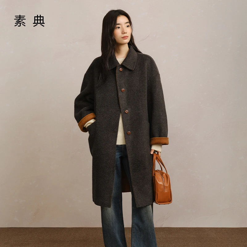 素典【暖橙汽水】高级感羊毛双面呢子大衣冬翻领毛呢外套5548