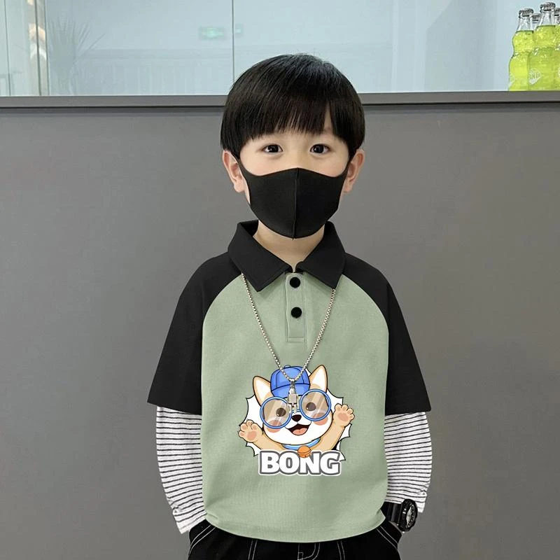 100%纯棉中大童长袖男童宝宝时髦休闲翻领假两件条纹打底衫上衣潮
