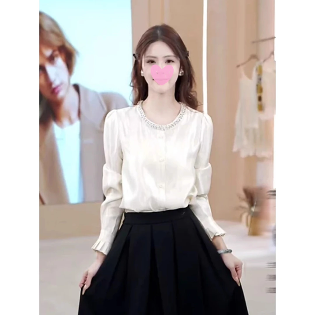 张元一女装同款韩系洋气镶钻长袖衬衫女秋冬缎面气质名媛衬衣上衣