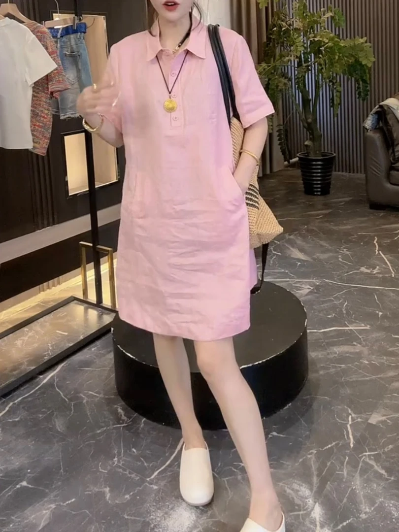 女森说夏季新款薄款透气洋气百搭翻领麻裙宽松显瘦减龄连体裙